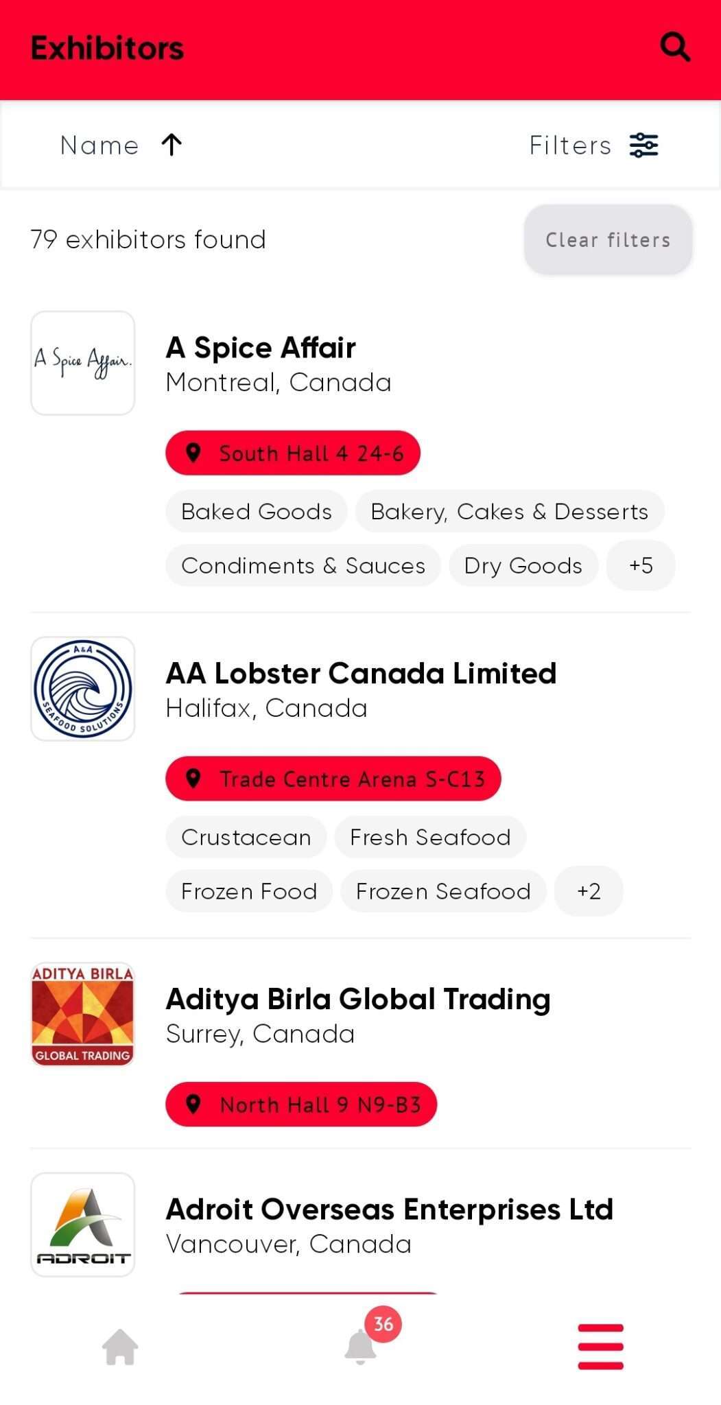 Gulfood exhibitor database example: Canada filter — 79 exhibitors with hall, stand number and product categories